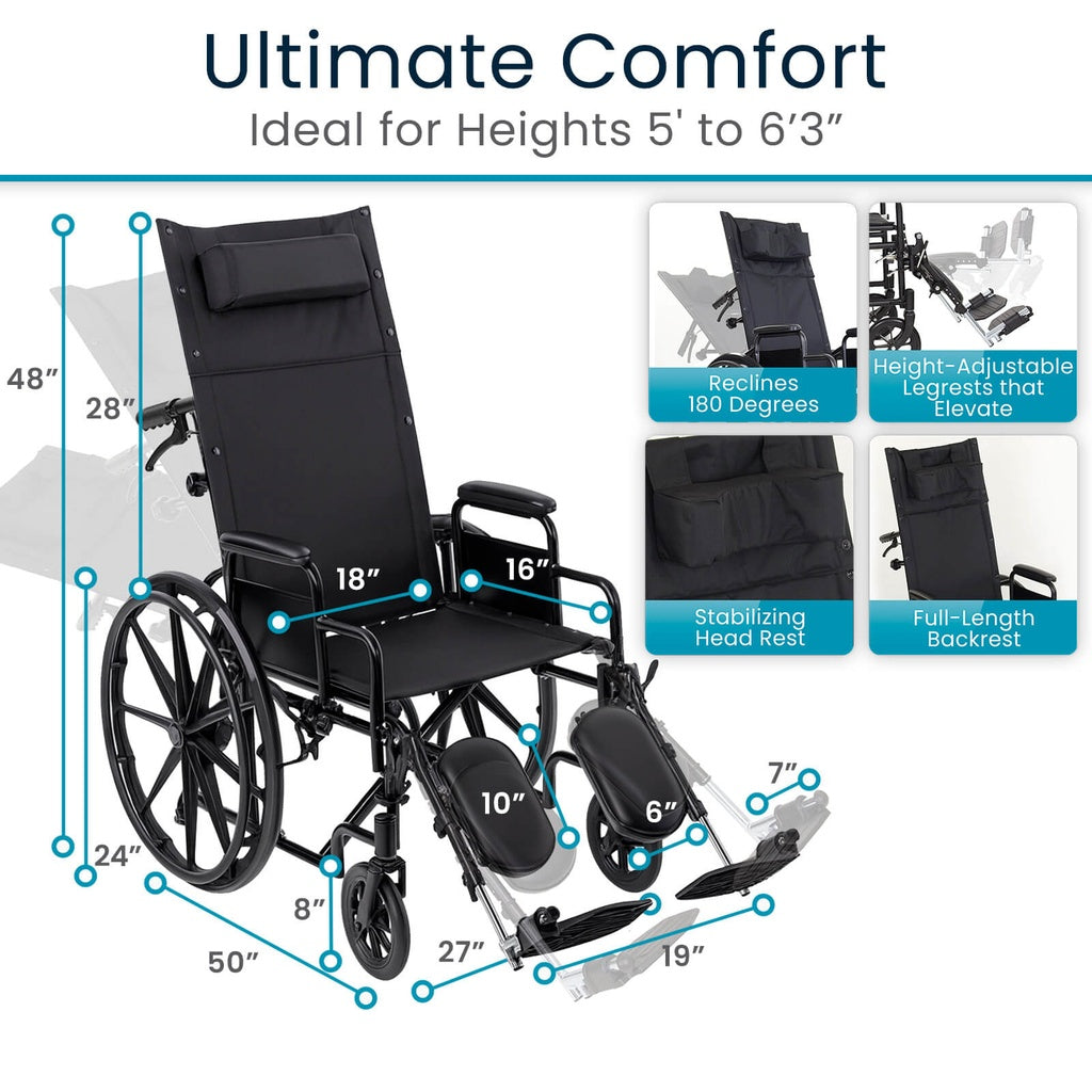 Reclining Wheelchair With Headrest (16"-18"-20", 300 lbs)