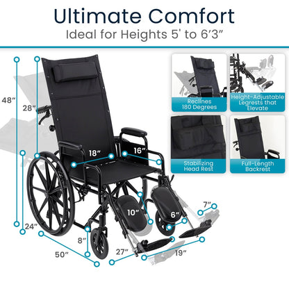 Reclining Wheelchair With Headrest (16"-18"-20", 300 lbs)