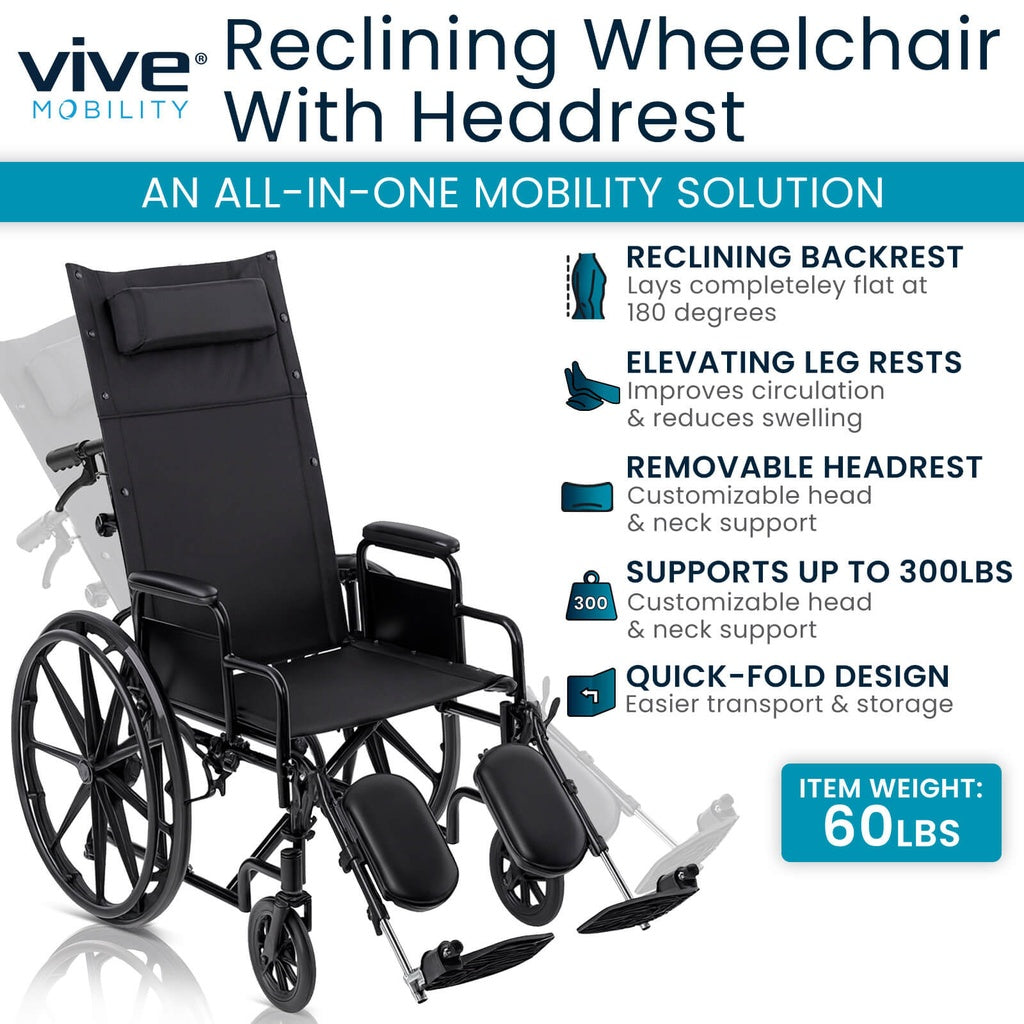 Reclining Wheelchair With Headrest (16"-18"-20", 300 lbs)